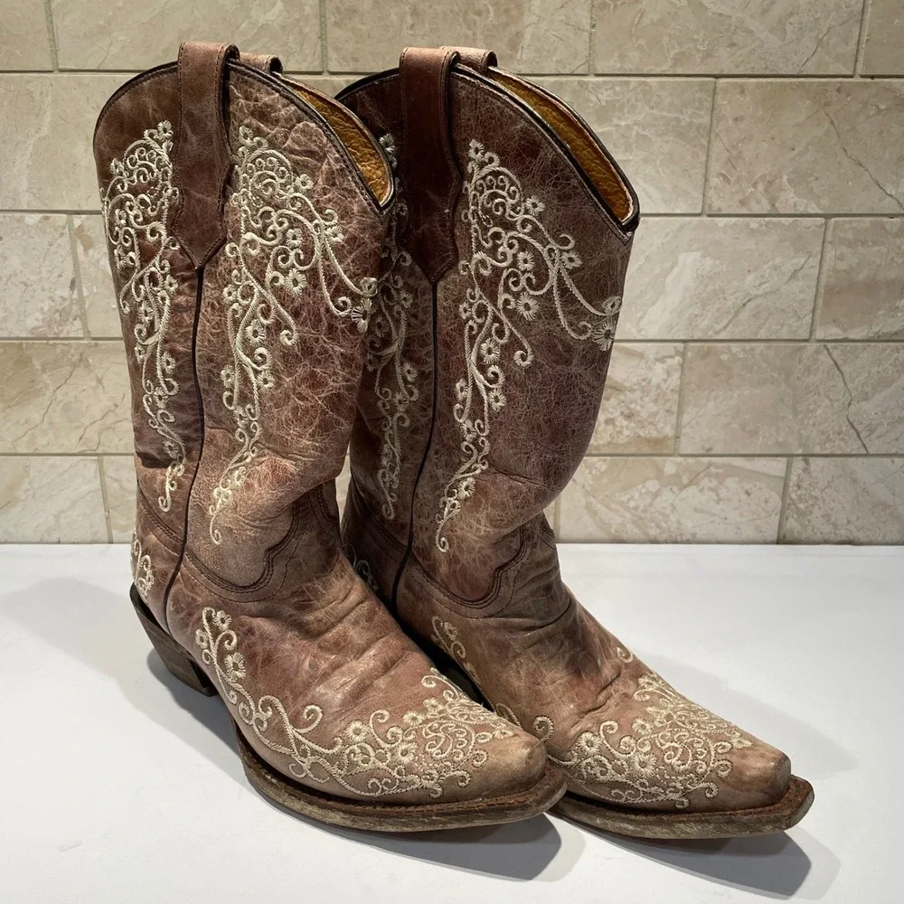 Corral Teens Brown Embroidered Floral Leather Western Cowboy Boots Size‎ 4